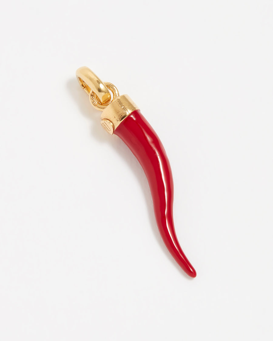 Image of a red coral Cornucopia horn shaped charm with gold top connector 