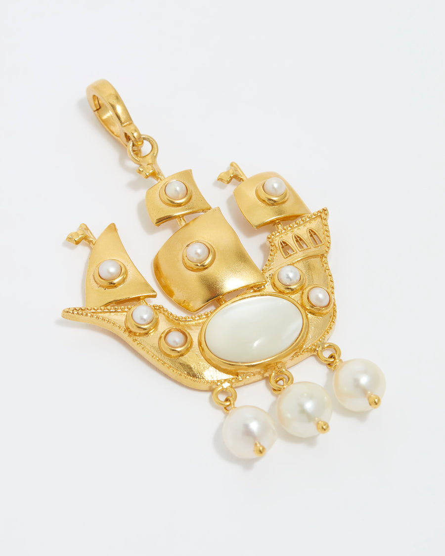 product shot of Soru Jewellery pearl embellished ship charm on a white background