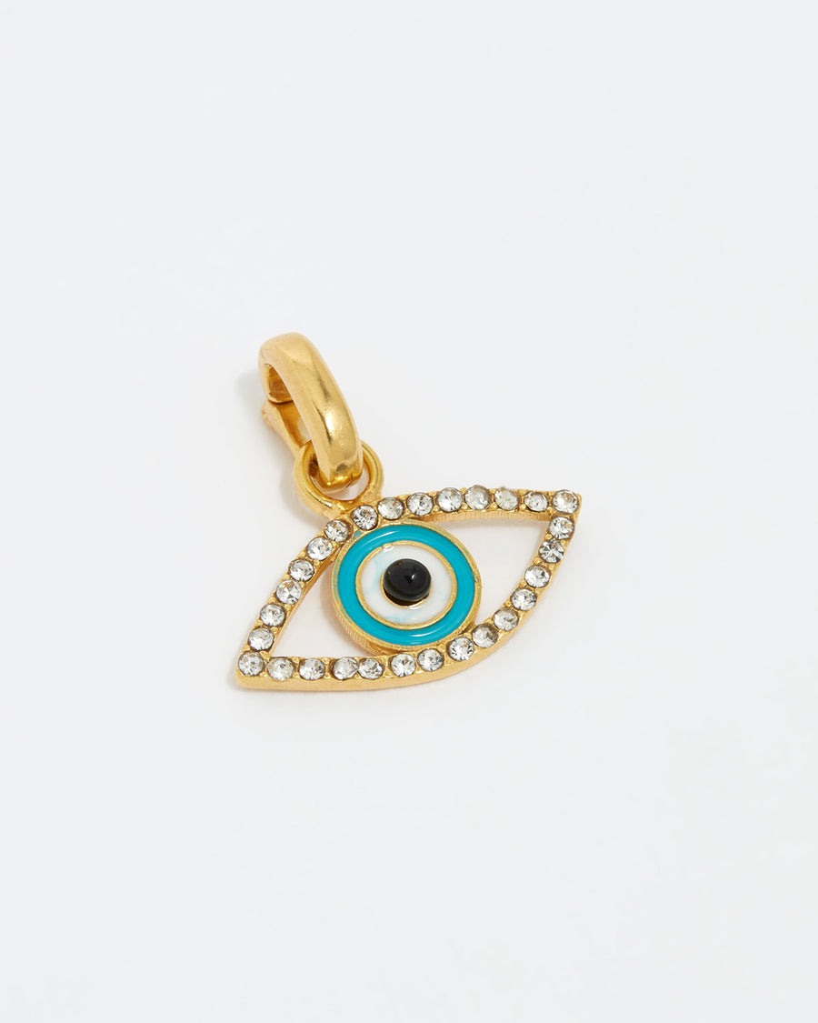 close up image shot of evil eye detachable charm with crystals and blue eye crystal centre on a white background