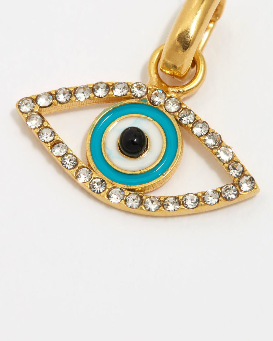 close up image of evil eye detachable charm with crystals and blue eye crystal centre on a white background
