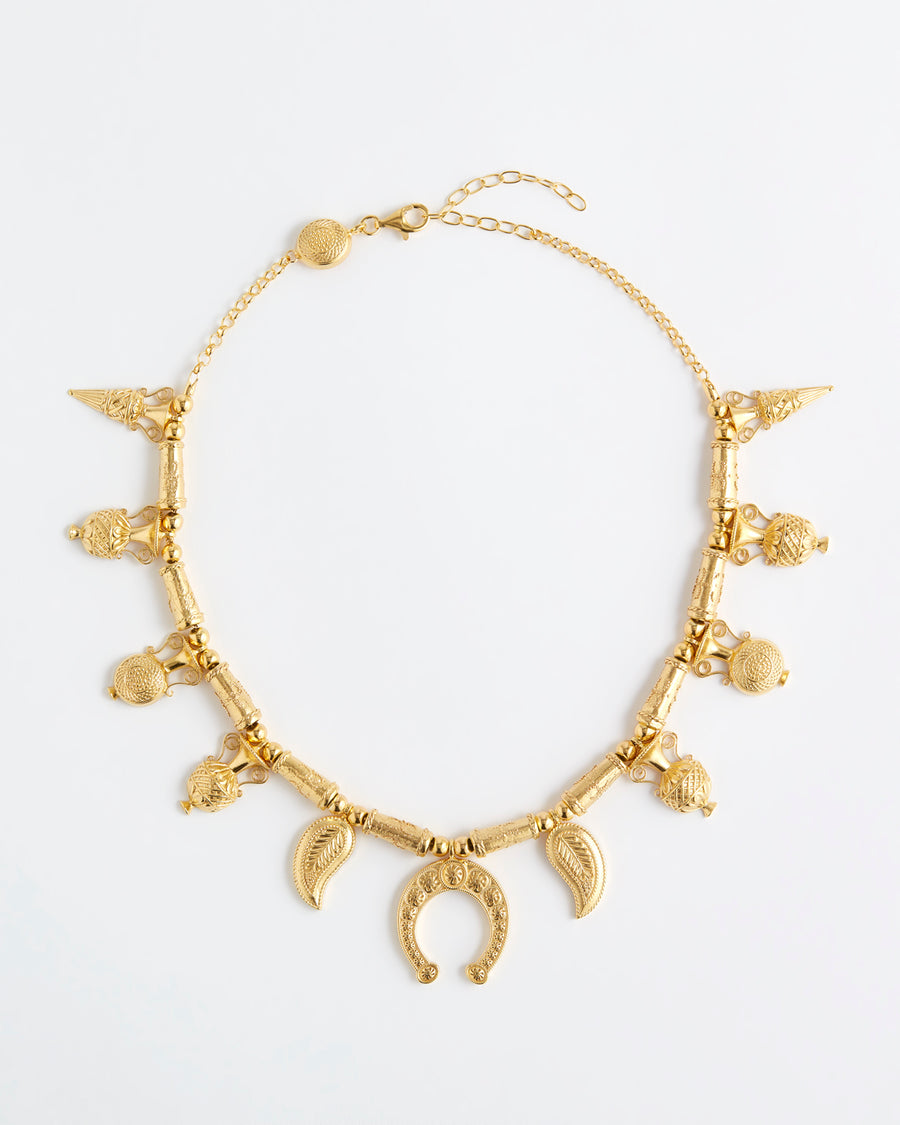 Image of yellow gold plated chunky byzantine charm necklace, by Soru Jewellery and Daphne Oz