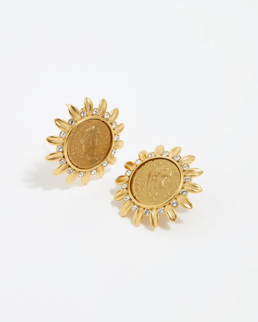 Soru Jewellery product shot of crystal embellished coin stud earrings