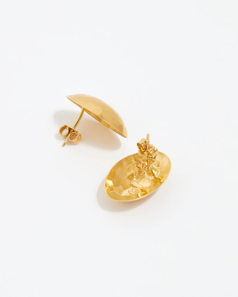 reverse and side image shot of Soru Jewellery small oval textured gold stud earrings on a white background