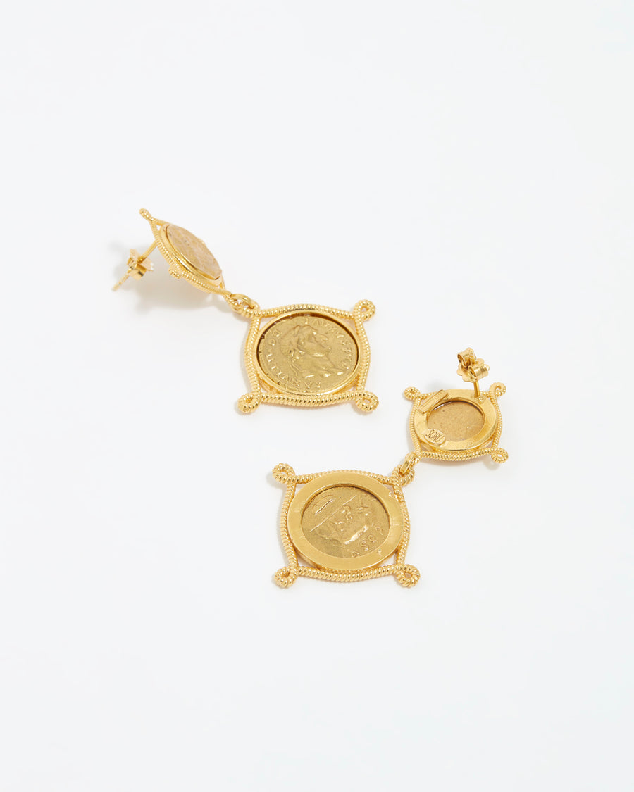 Overhead image showing reverse of gold double drop coin earrings on a white background