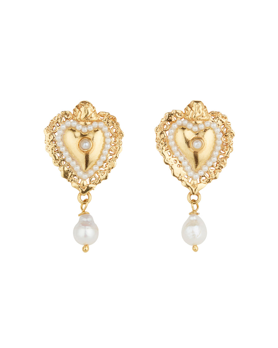 Product shot of mini gold traditional burning heart earrings with pearl detailing.