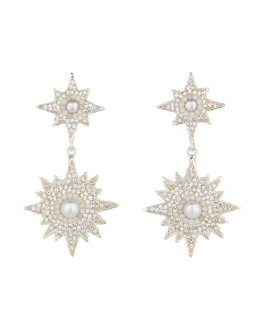 Product image of silver celestial earrings feature star burst shapes, encrusted with sparkling clear crystals and baroque pearl centres on a white background.