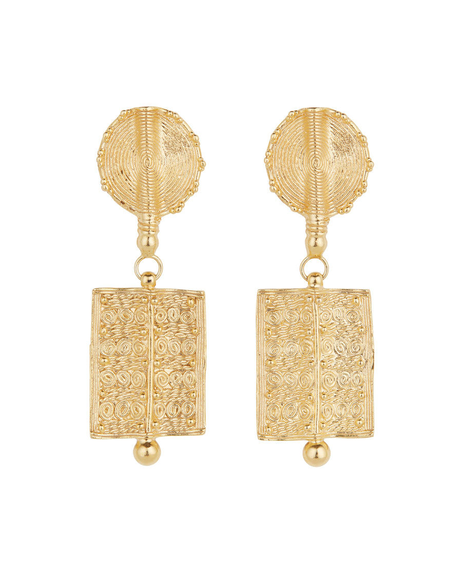 Product shot of statement gold earrings with circular top and rectangular drop, with an organic and etched antique finish, on a white background.