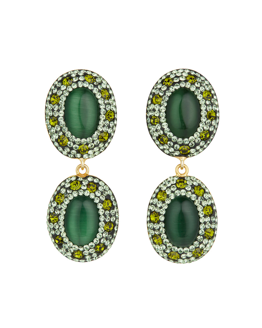 close up product shot of double drop oval earrings featuring vibrant green cats eye stones, each surrounded by sparkling green crystals on a white back ground