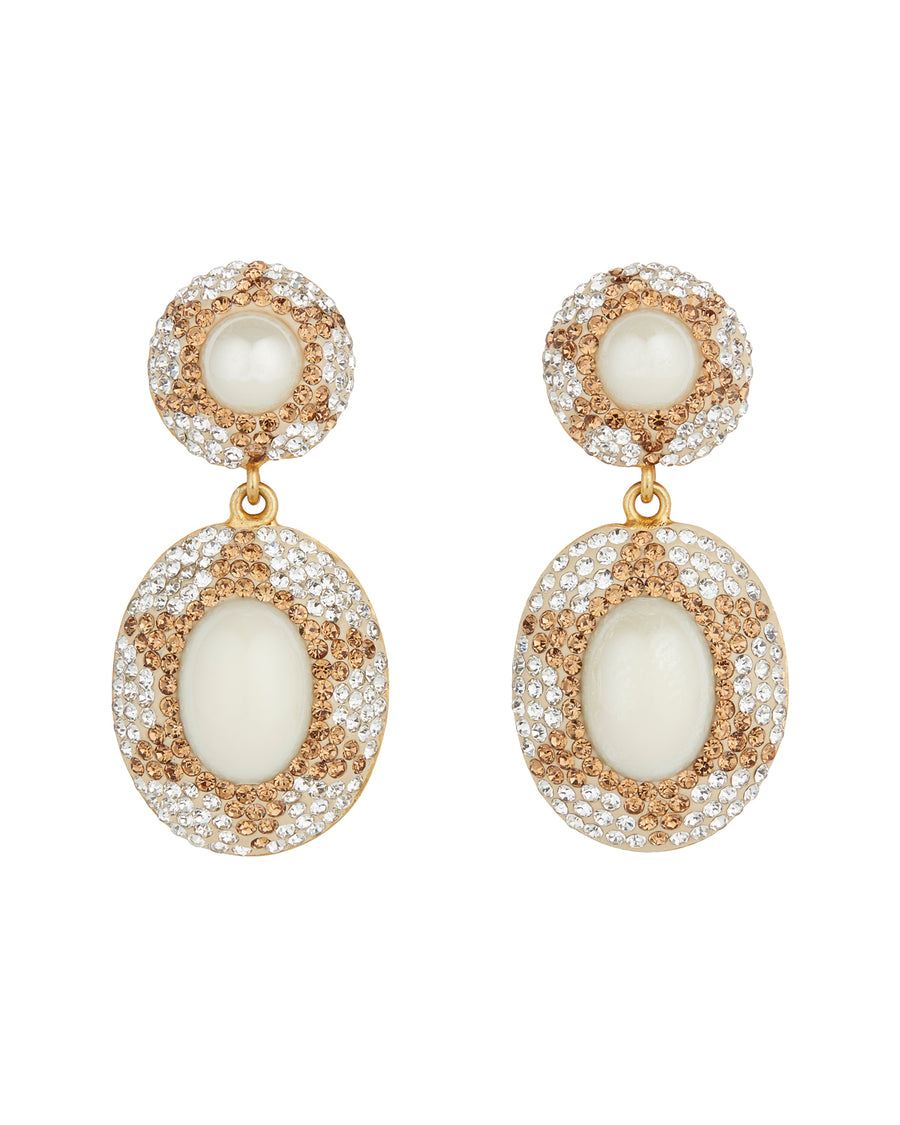 Product shot of double drop statement earrings, featuring Majorca pearl gemstones with golden and clear sparkling crystals forming a sun motif, on a white background.