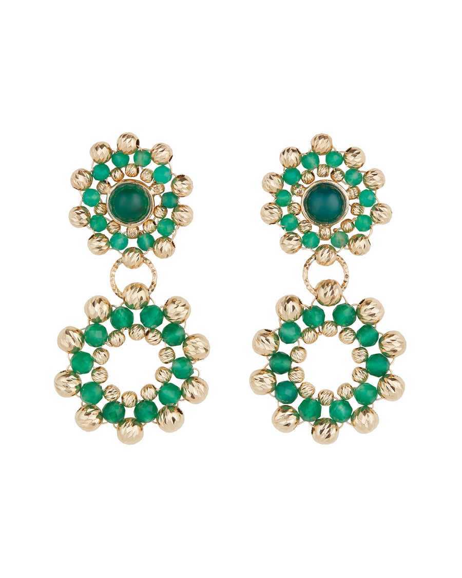 Product shot of double drop flower earrings featuring emerald green agate stones, each surrounded by delicate gold cutwork beading, on a white background