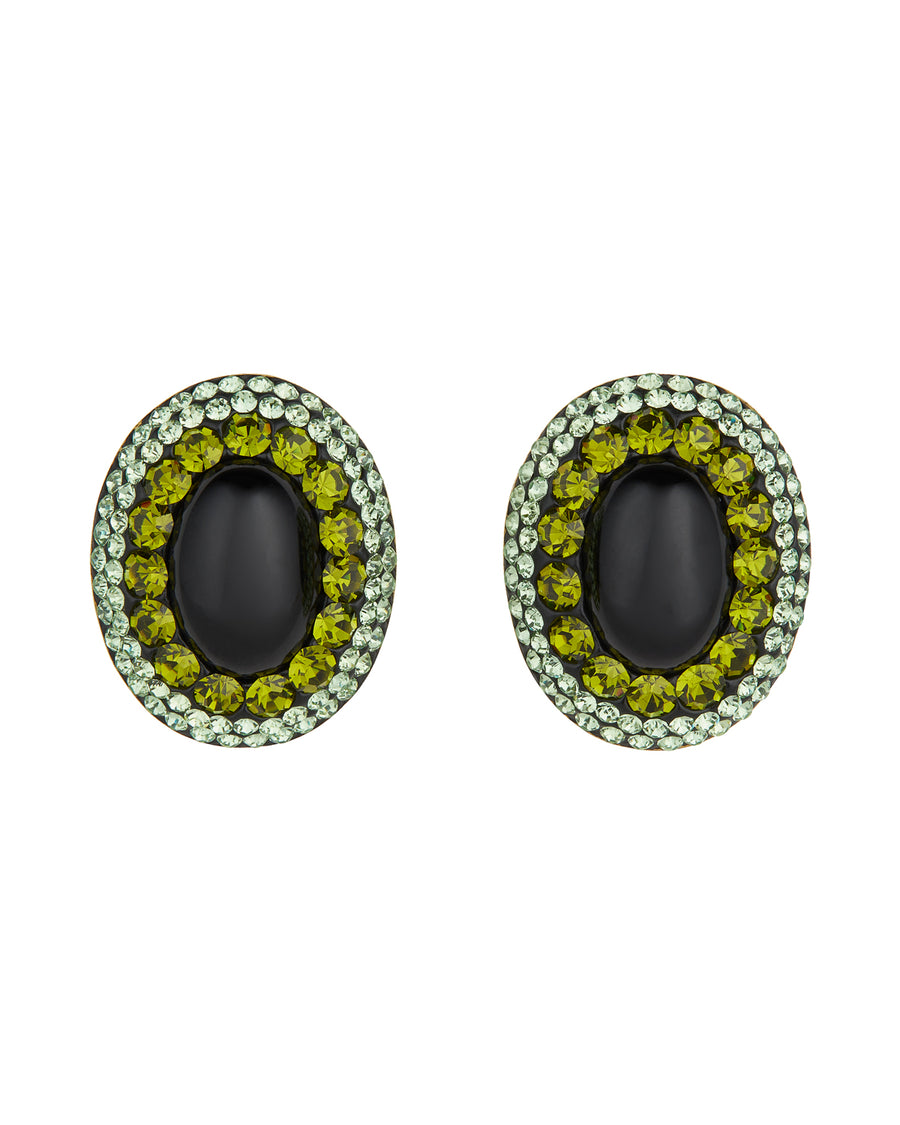 Product shot of large statement onyx stud earrings with silver and green facetted sparkling crystals, on a white background. 