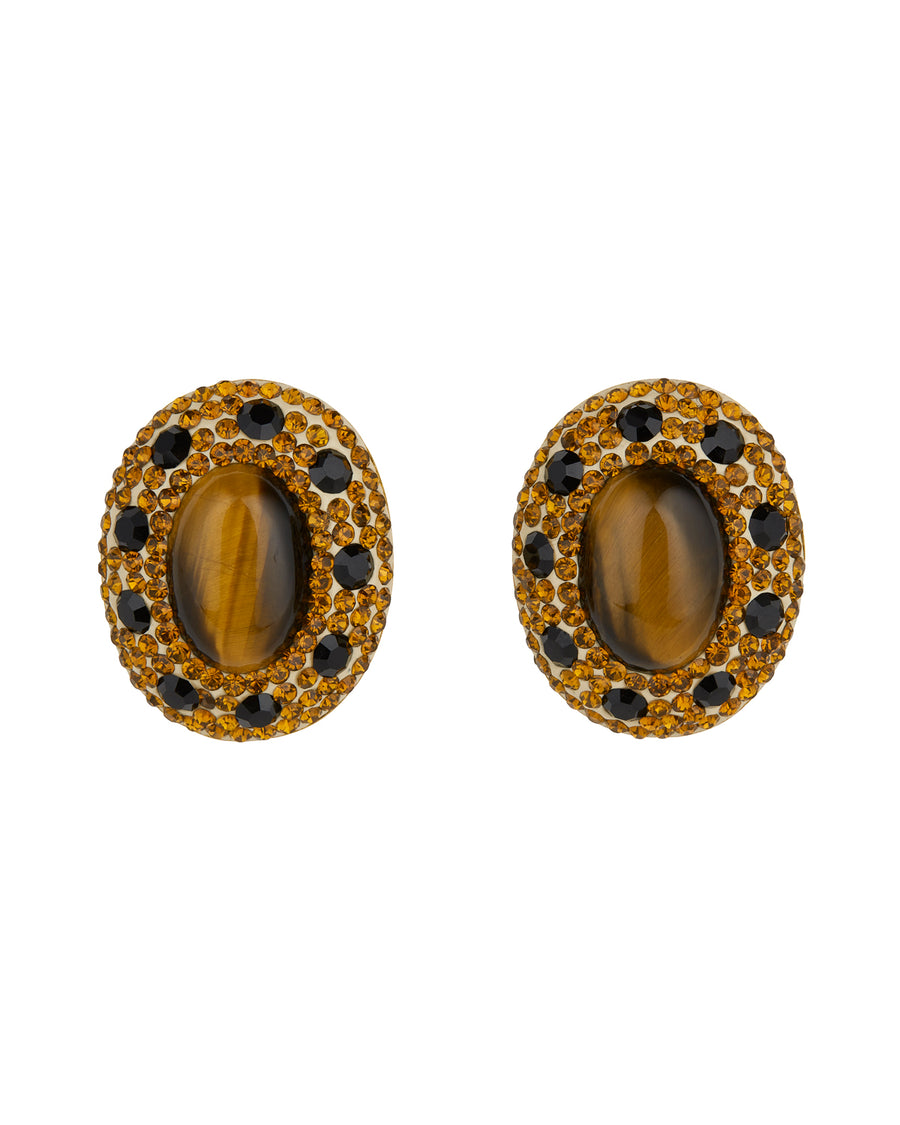 Product shot of shimmering tigers eye oval gemstone stud earrings.