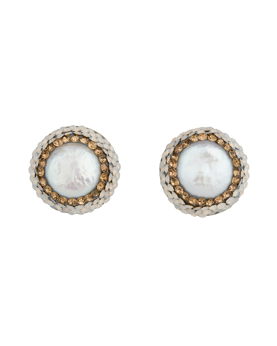 image on a white background of pearl stud earrings surrounded by crystals