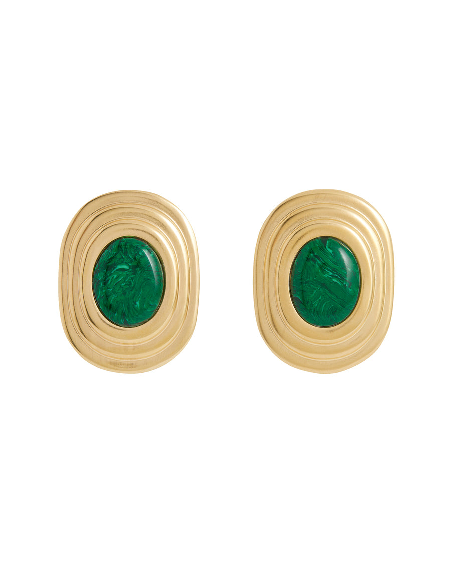 Statement gold earrings with ridged edge and bold green centre, on white background