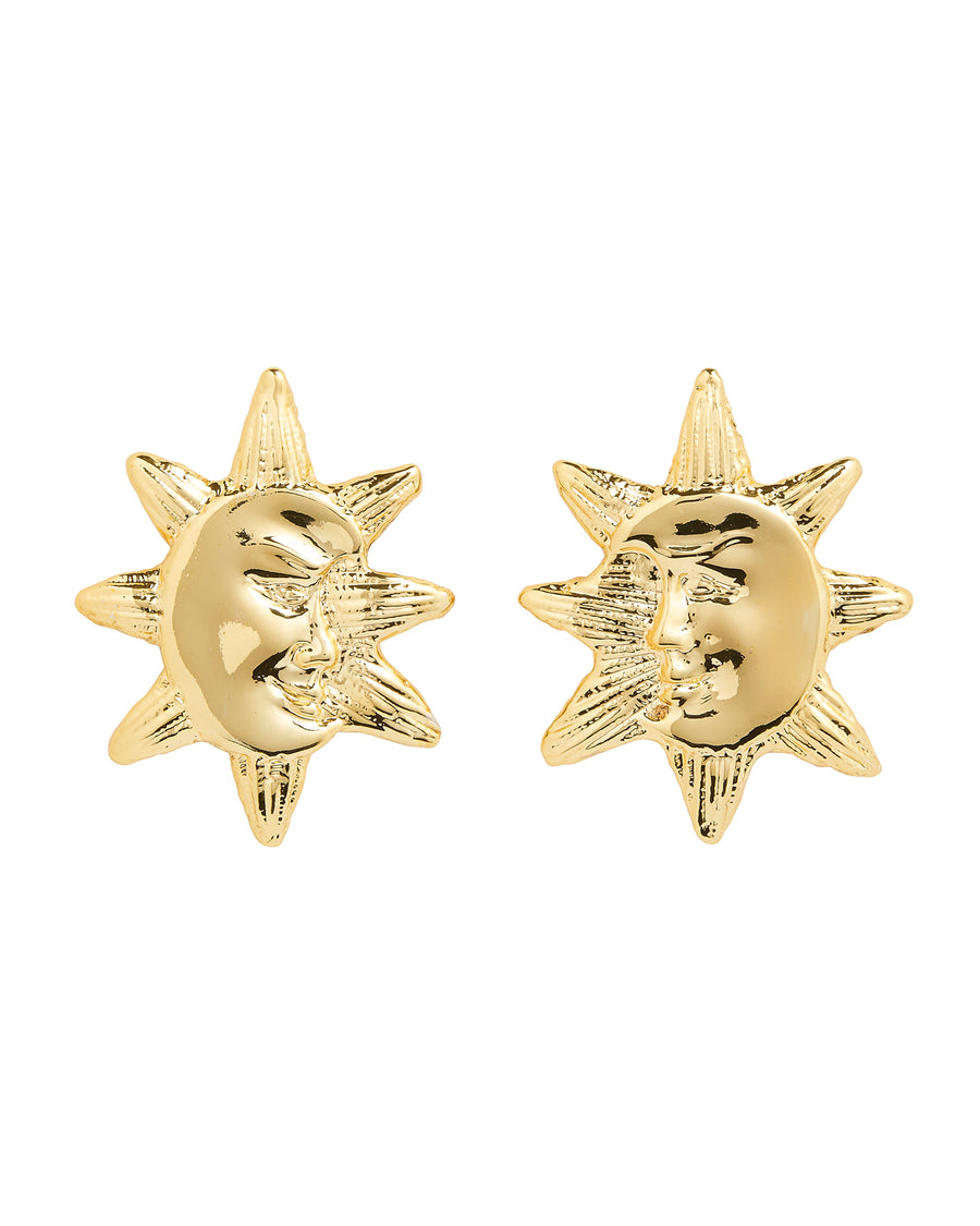 Product shot of the celestial etched sunshine earrings in gold.