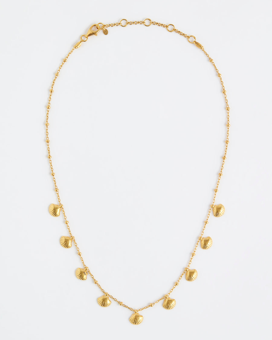 product shot of yellow gold plated necklace with mini shells attached around the necklace