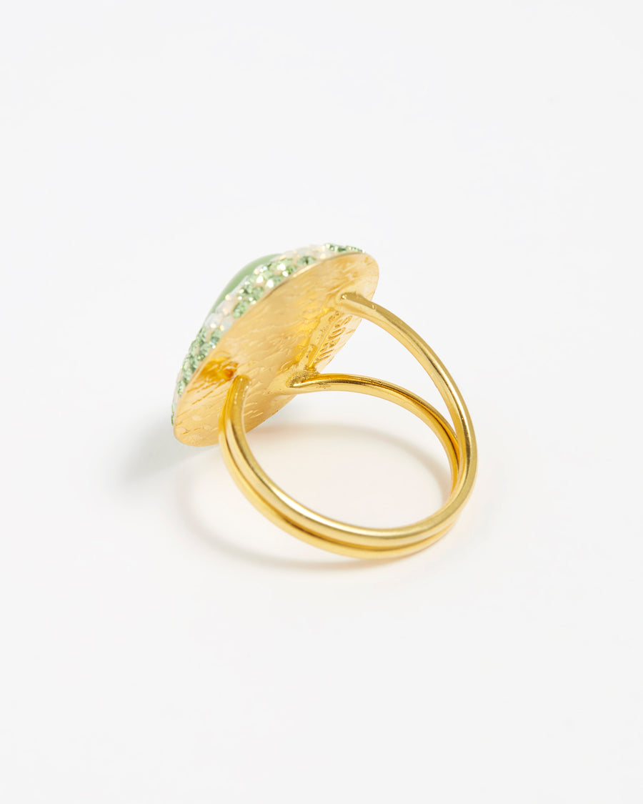 close up reverse product shot of green crystal ring, showing the gold adjustable band. On a white background