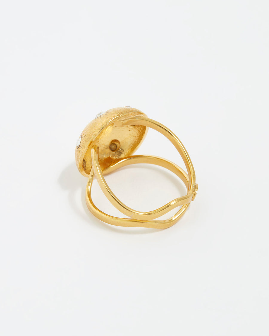 Product shot of reverse side of gold ring on a white back ground