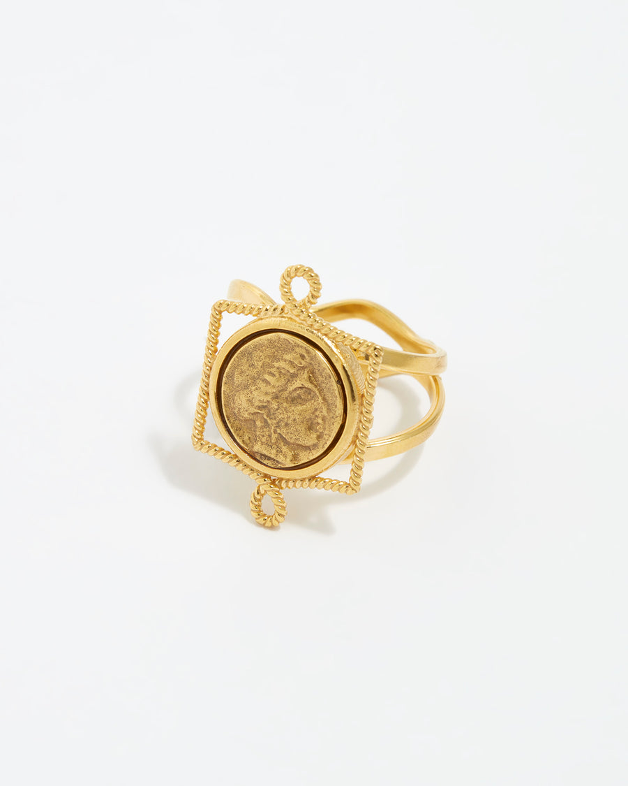 close up product shot of adjustable gold coin ring on a white background