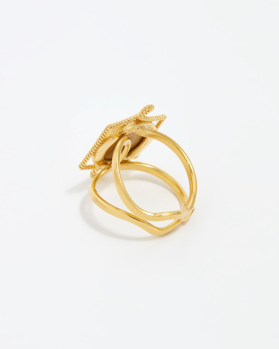 close up product shot of reverse side of adjustable gold coin ring on a white background 