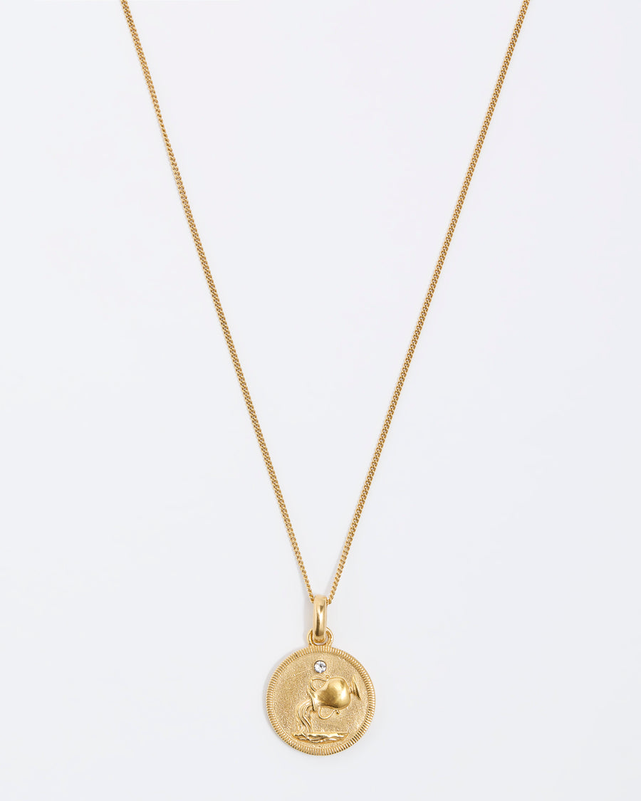 Aquarius Zodiac circular gold pendant on a fine gold chain necklace.