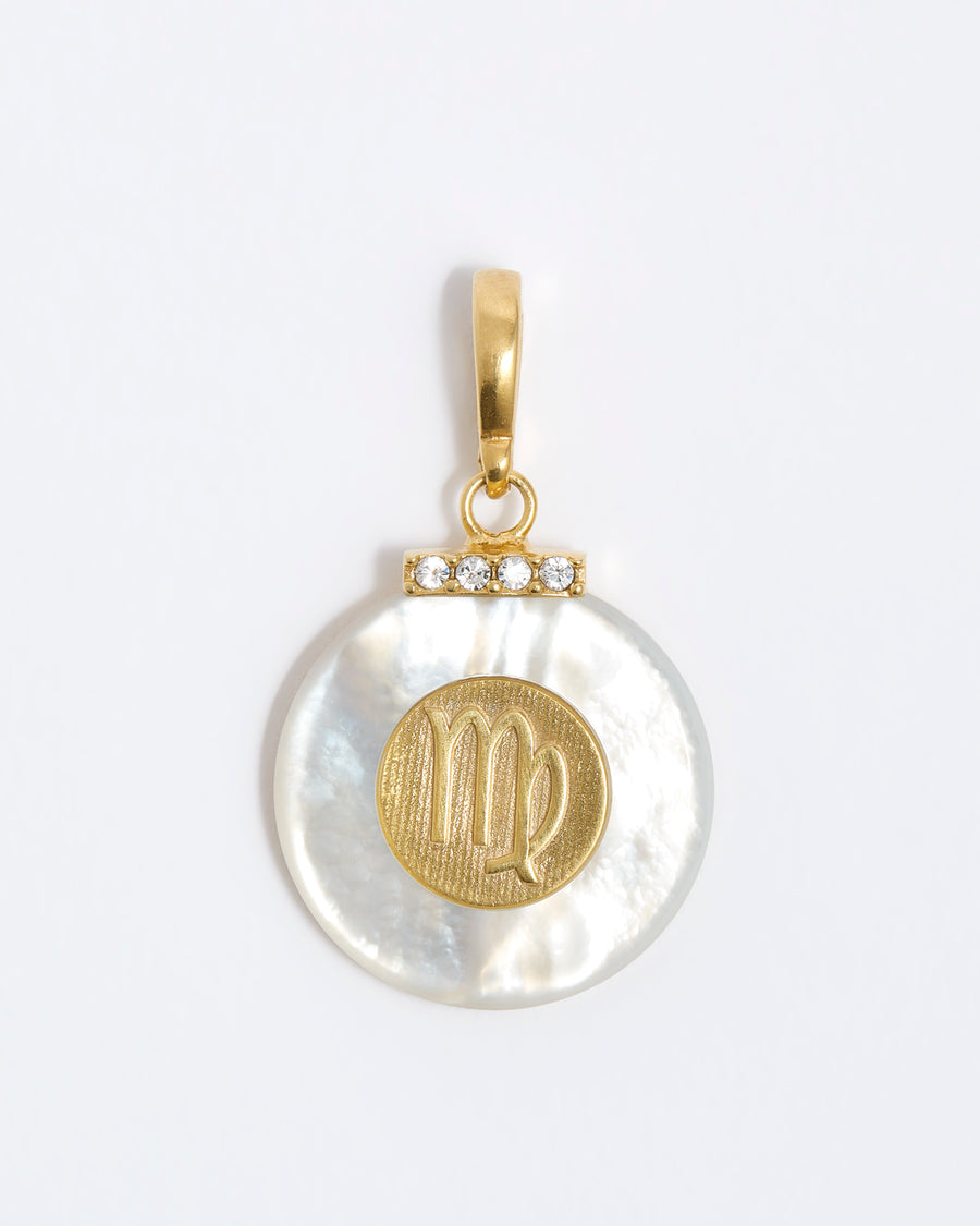 Product shot - Scorpio engraving on a gold coin with chunky pearl outer and diamond detailing, on a white background