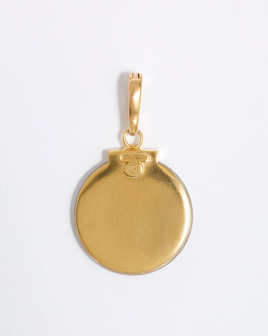 Gold back shot of Zodaic charm, on a white background